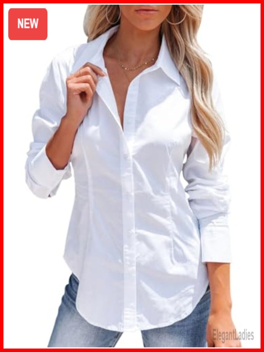 Women's Long Sleeve Button Down Shirt Wrinkle Free Slim Fit Cotton Blend
